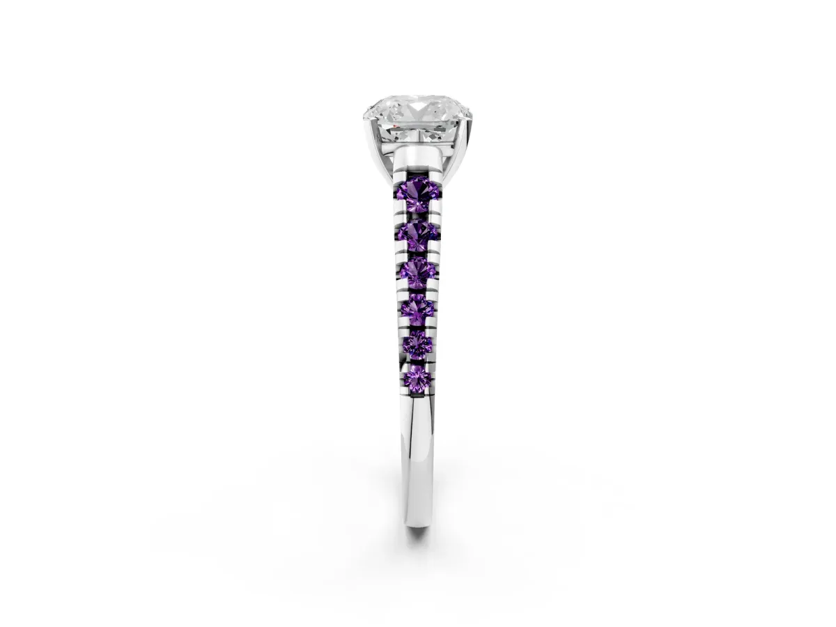 Cushion Cut Diamond Cathedral Solitaire Ring with Round Amethyst Pavé Band Silver