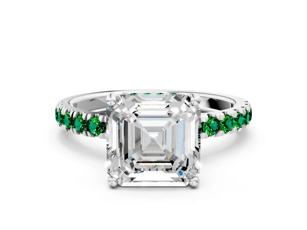Asscher Cut Diamond Pave Band Solitaire Ring with Round Emerald and Prong Setting Platinum