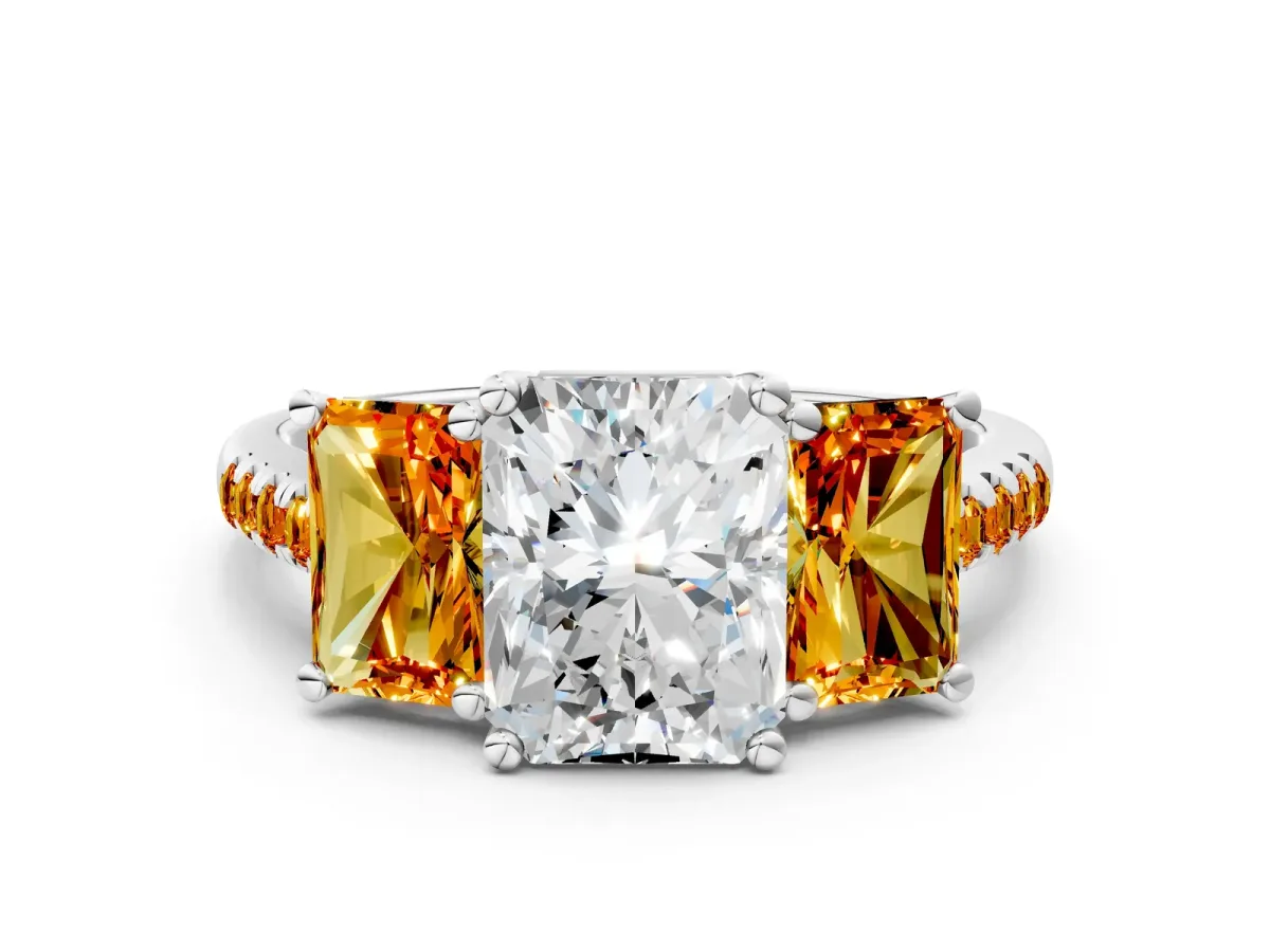 Three-Stone Radiant Cut Diamond Ring with Round Citrine Pavé Band and Prong Setting White gold