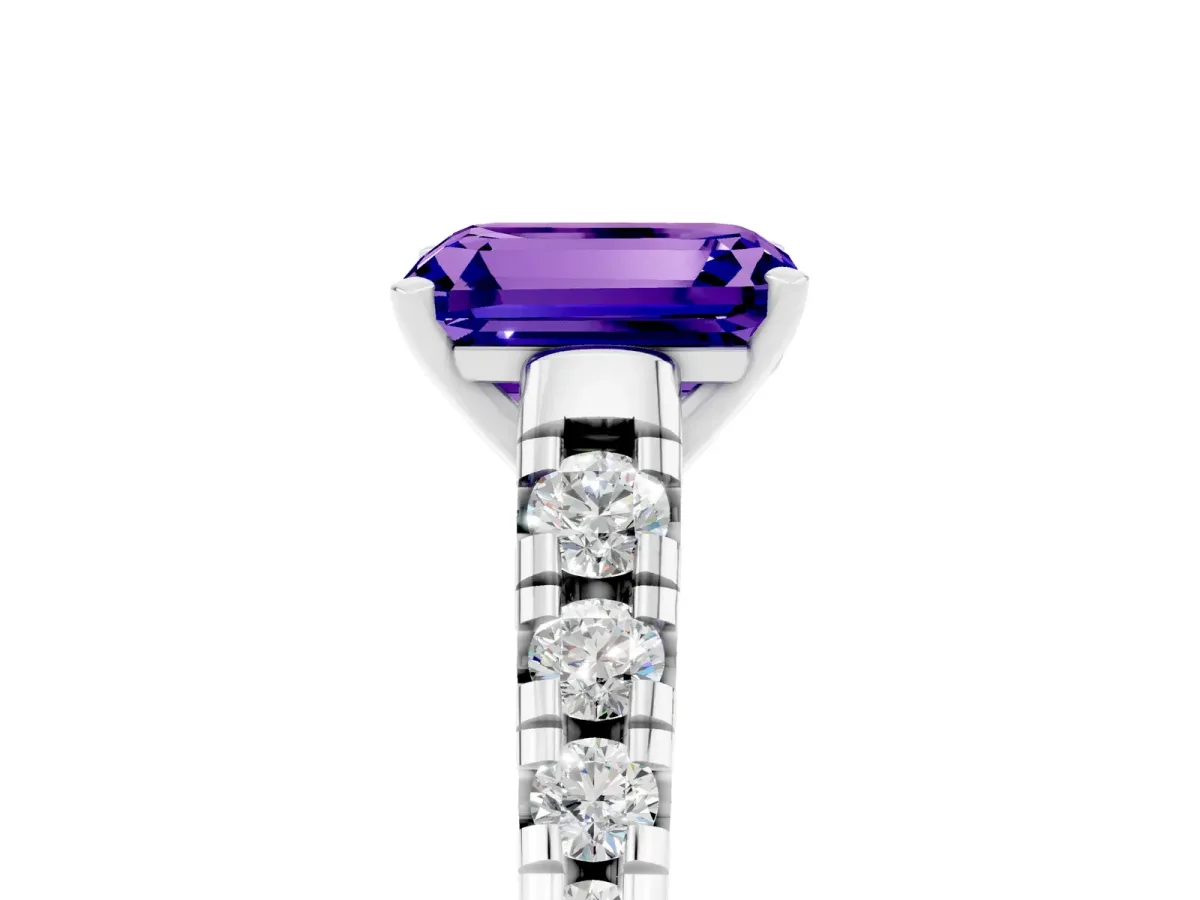 Emerald Cut Tanzanite Cathedral Solitaire Ring with Round Pavé Band Silver