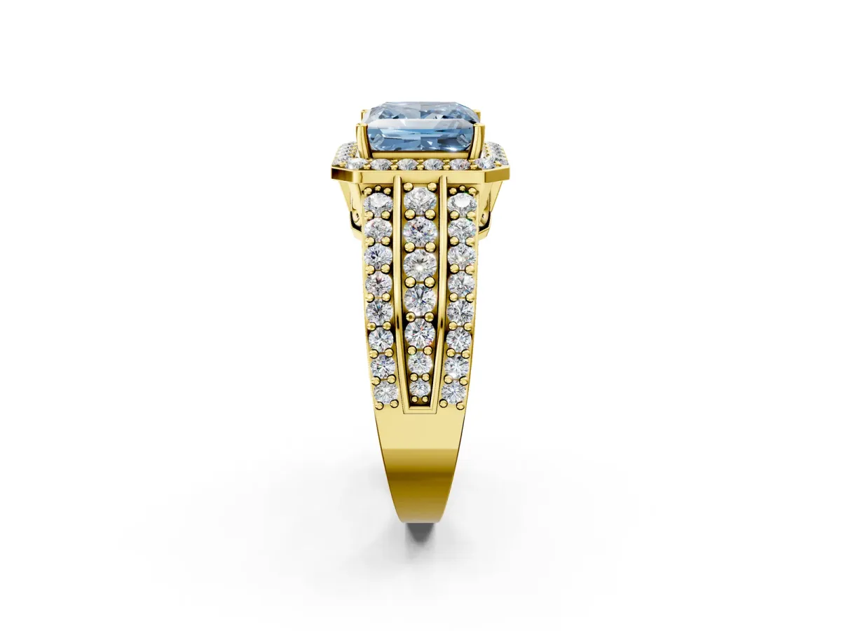 Fancy Blue Princess Cut Halo Diamond Ring with Round Split Shank and Prong Setting Yellow gold