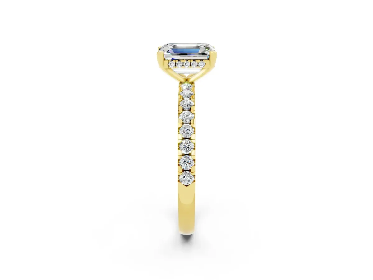 Emerald Cut Moissanite Solitaire Ring with Round Pavé Band and Four-Prong Setting Yellow gold