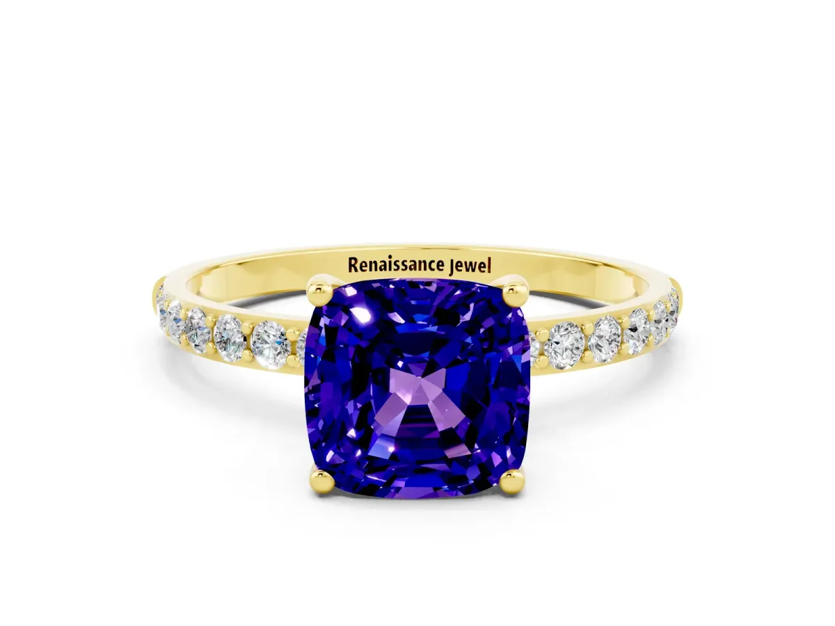 Cushion Cut Tanzanite Solitaire Ring with Round Pavé Band and Prong Setting Yellow gold