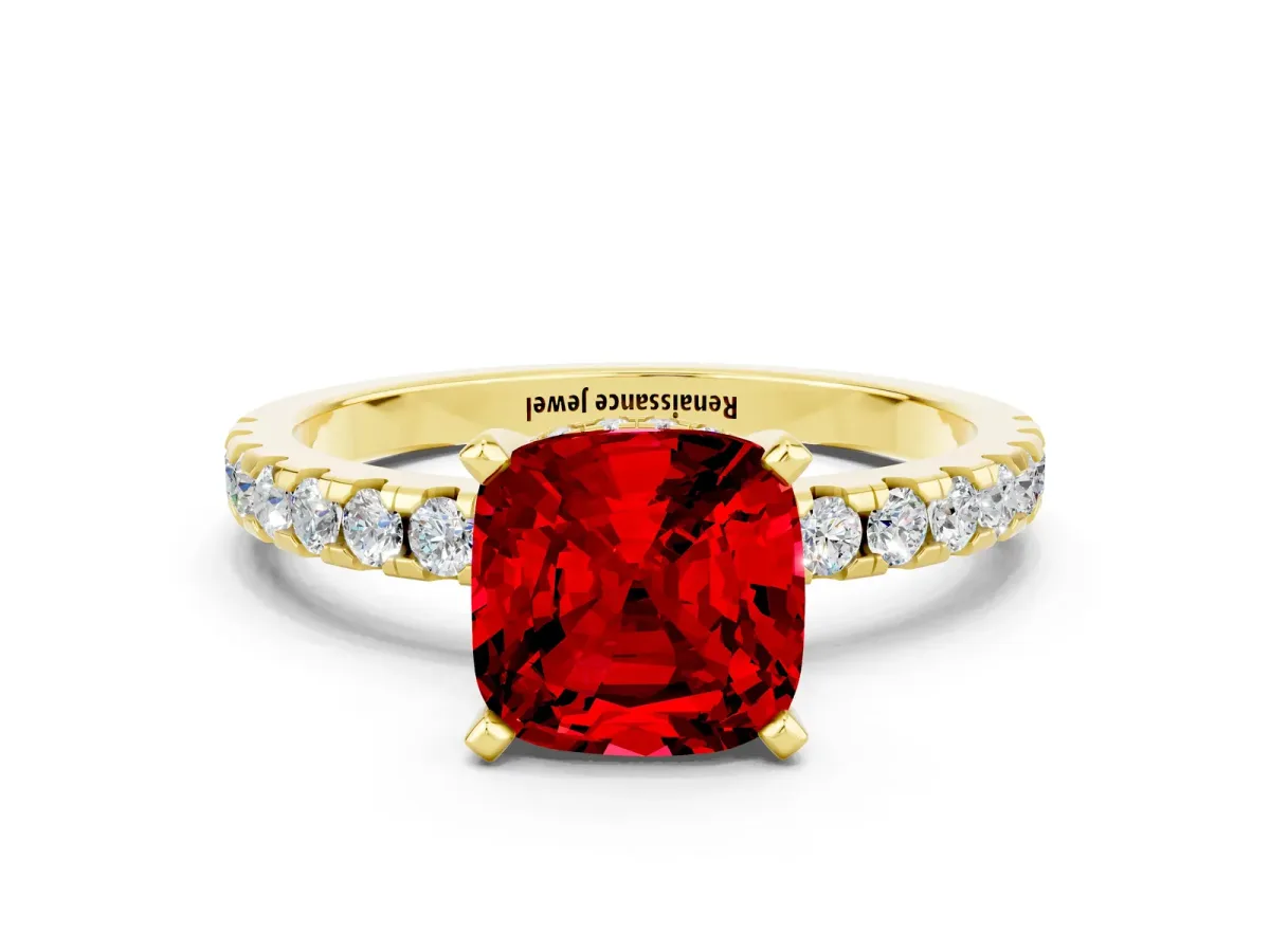 Cushion Cut Ruby Solitaire Ring with Round Pavé Band and Four-Prong Setting Yellow gold