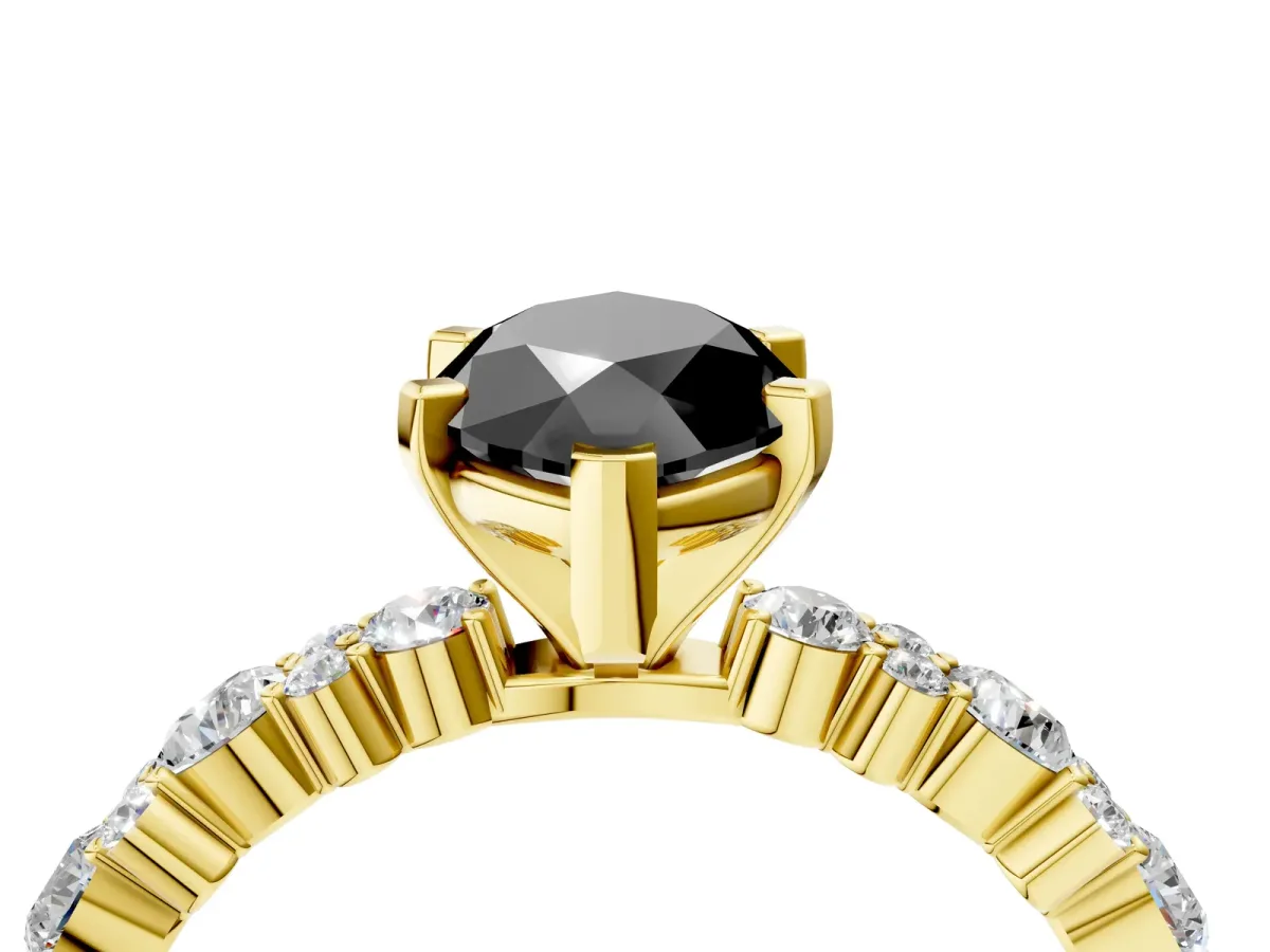Fancy Black Marquise Cut Diamond Side Stone Solitaire Ring with Round and Four-Prong Setting Yellow gold