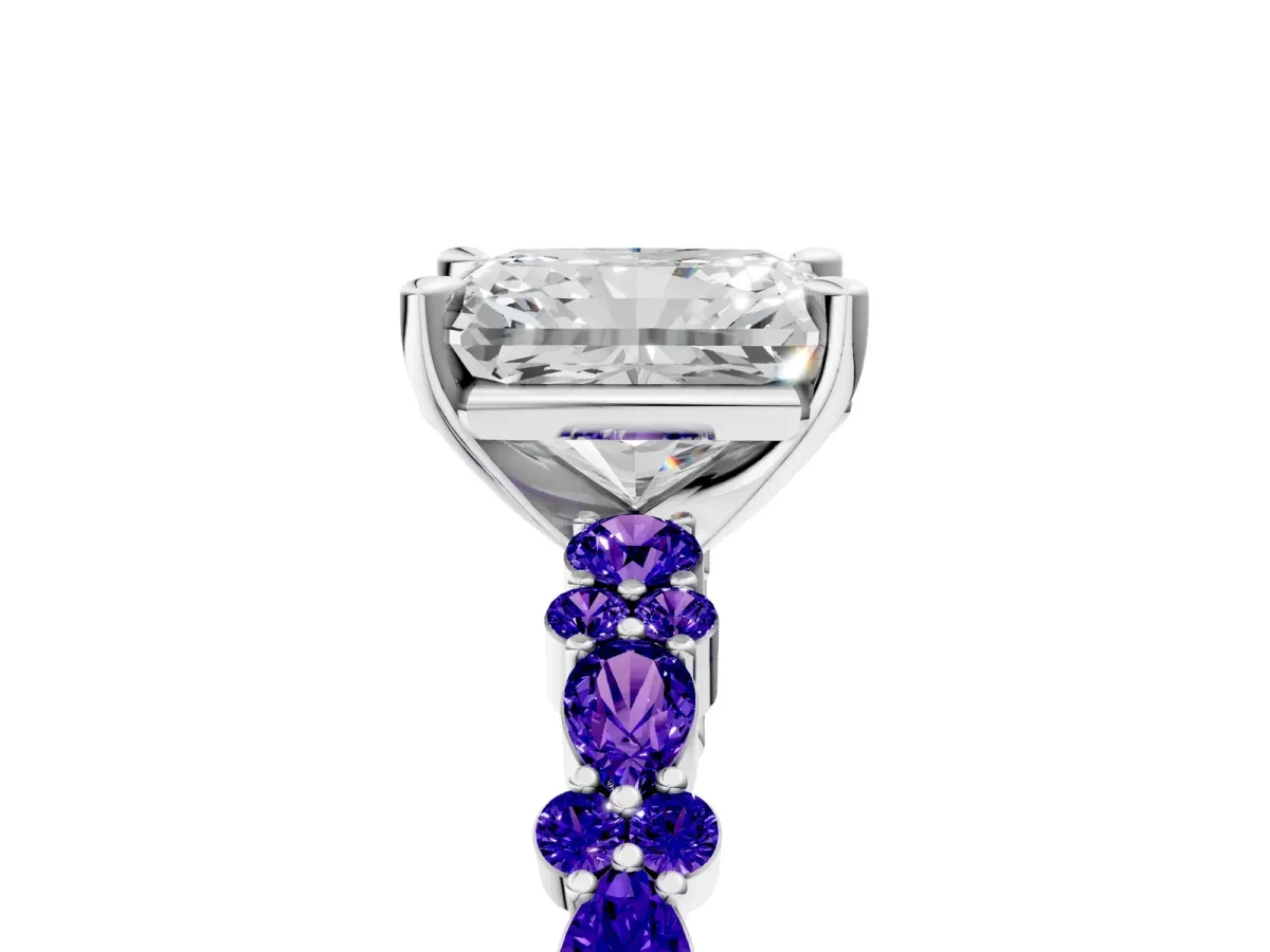 Radiant Cut Diamond Side Stone Solitaire Ring with Round Tanzanite and Four-Prong Setting Platinum
