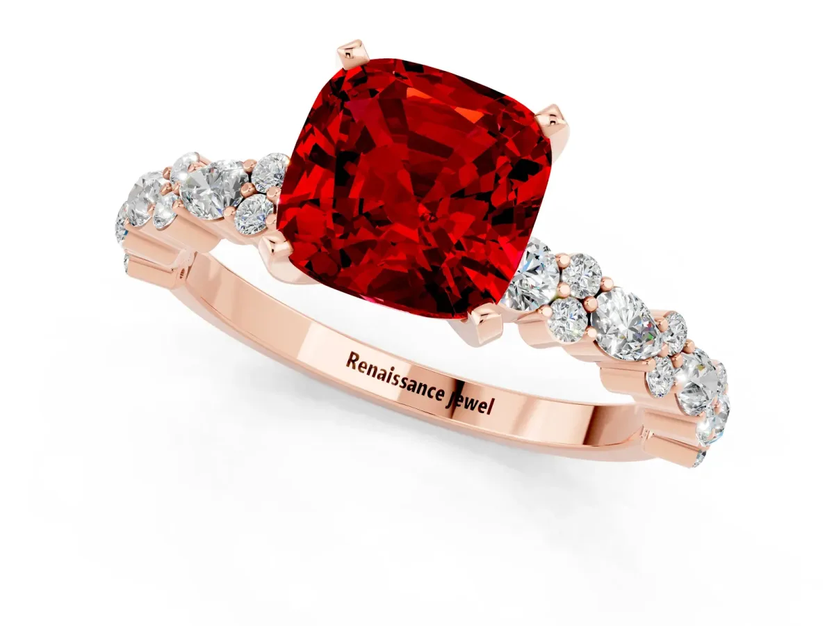 Cushion Cut Ruby Side Stone Solitaire Ring with Round and Four-Prong Setting Rose gold