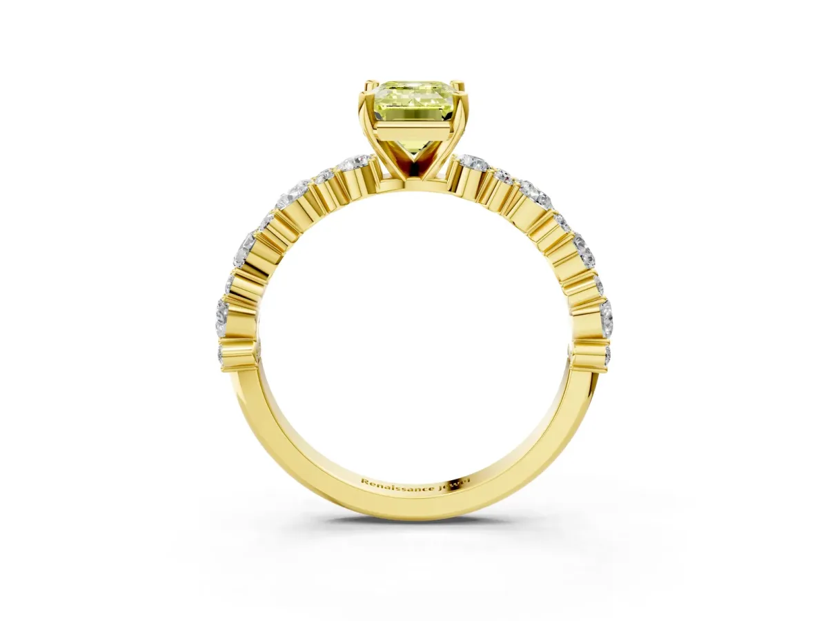 Fancy Yellow Emerald Cut Diamond Side Stone Solitaire Ring with Round and Four-Prong Setting Yellow gold