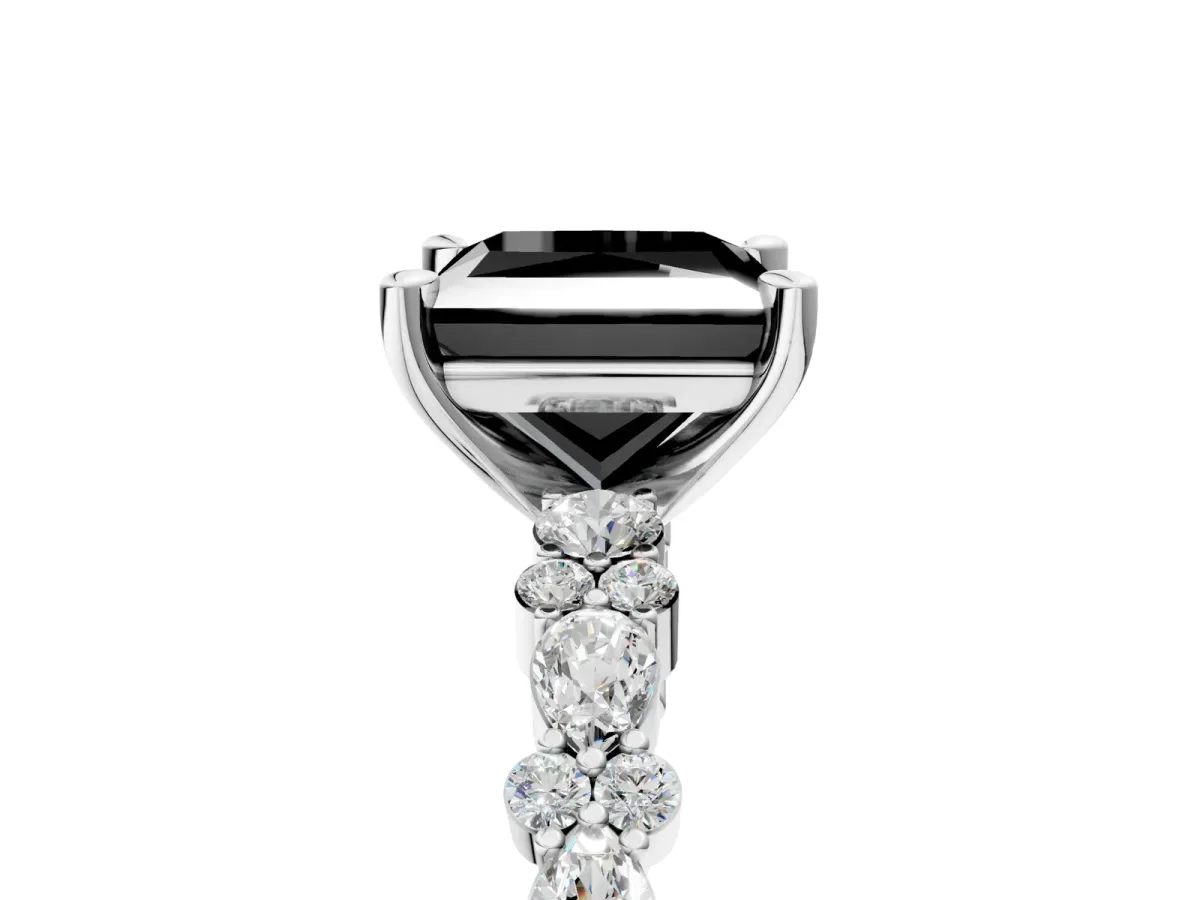 Fancy Black Princess Cut Diamond Side Stone Solitaire Ring with Round and Four-Prong Setting Platinum