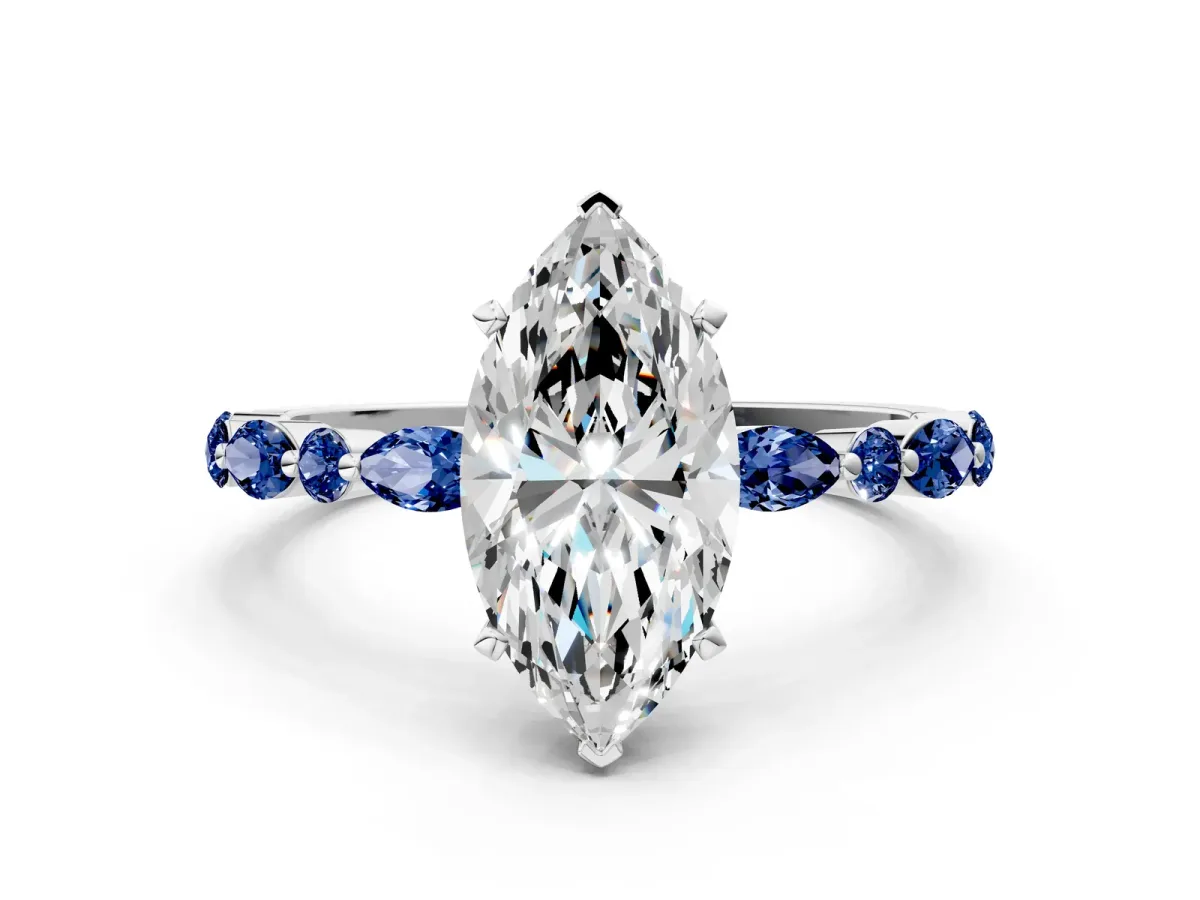 Marquise Cut Diamond Ring with Marquise and Round Blue Sapphire Side Stones and Four-Prong Setting Silver