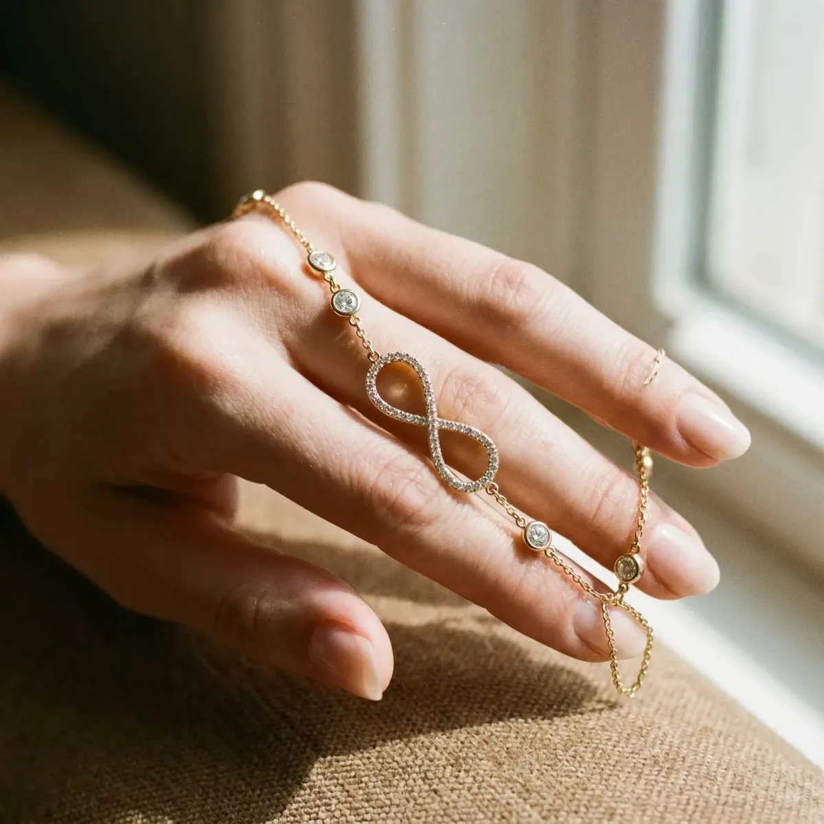Pavé Round Diamond Infinity Chain Bracelet with Bezel Setting Yellow gold