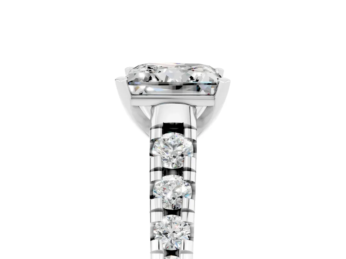 Princess Cut Moissanite Cathedral Solitaire Ring with Round Pavé Band Silver