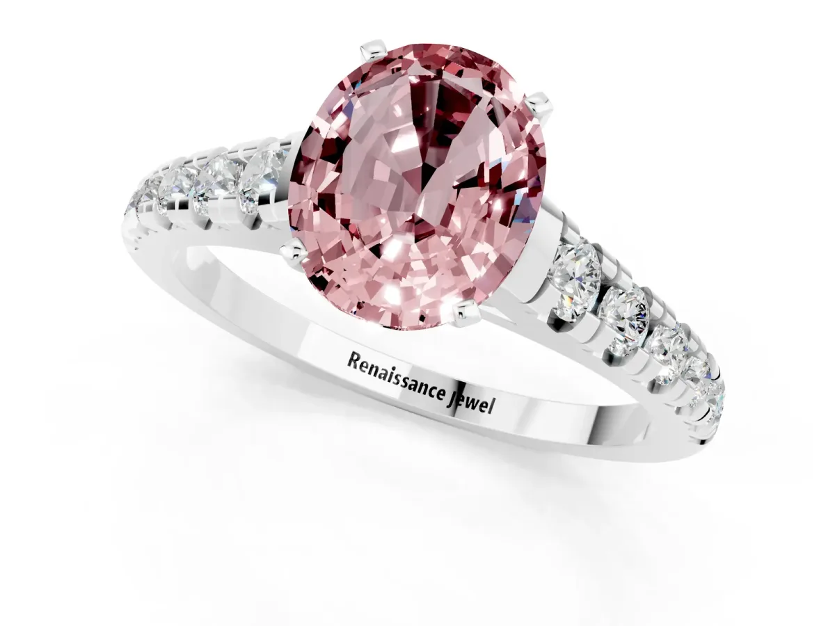Oval Cut Morganite Cathedral Solitaire Ring with Round Pavé Band Silver