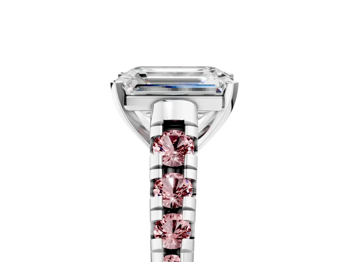 Emerald Cut Diamond Cathedral Solitaire Ring with Round Morganite Pavé Band Platinum