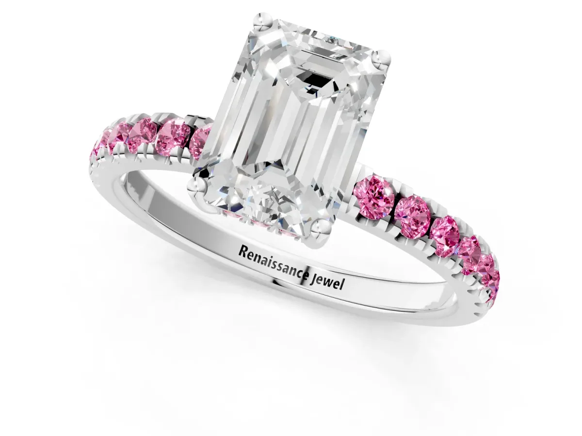 Emerald Cut Diamond Pave Band Solitaire Ring with Round Pink Sapphire and Prong Setting Platinum