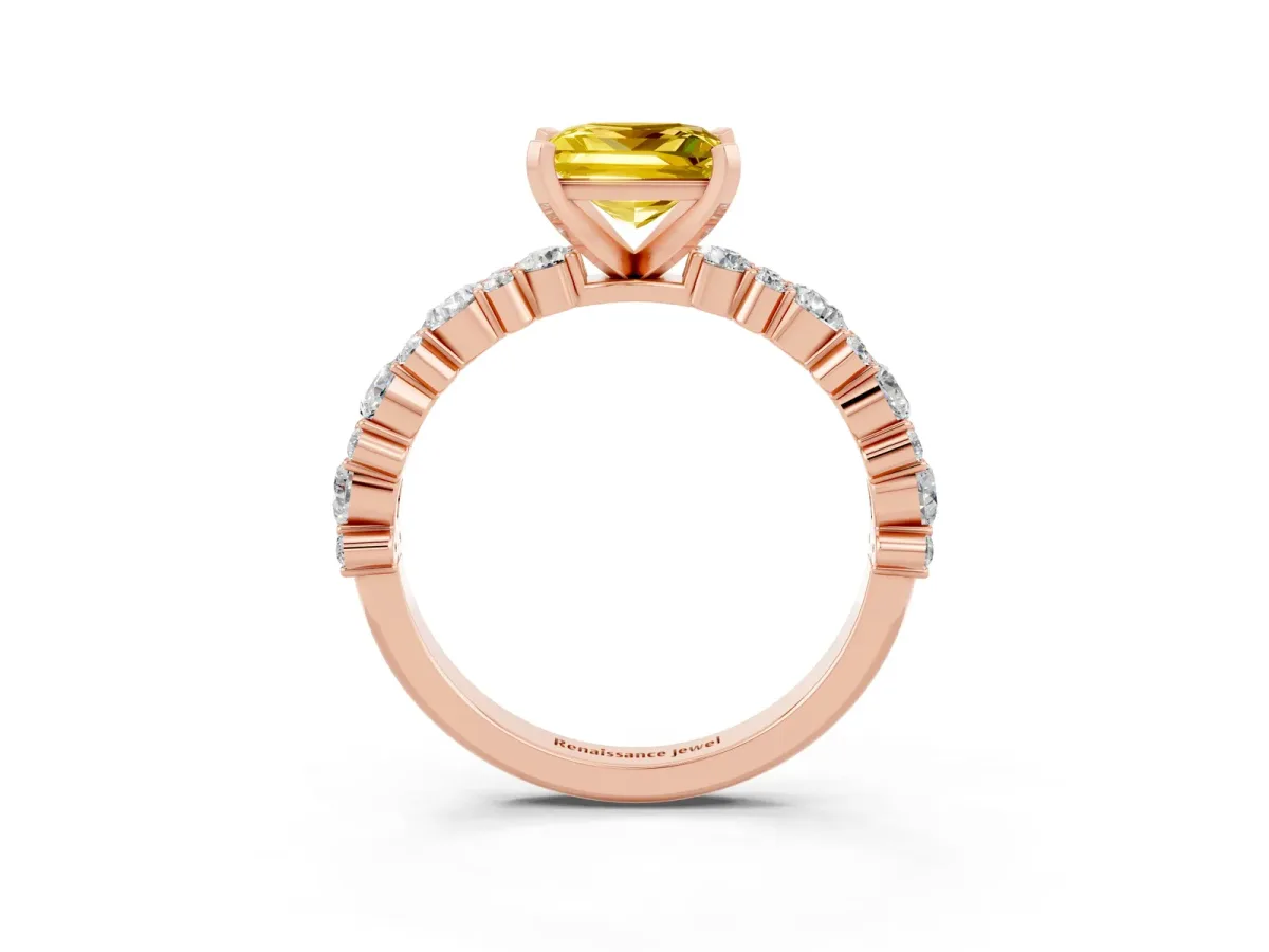Princess Cut Yellow Sapphire Side Stone Solitaire Ring with Round and Four-Prong Setting Rose gold