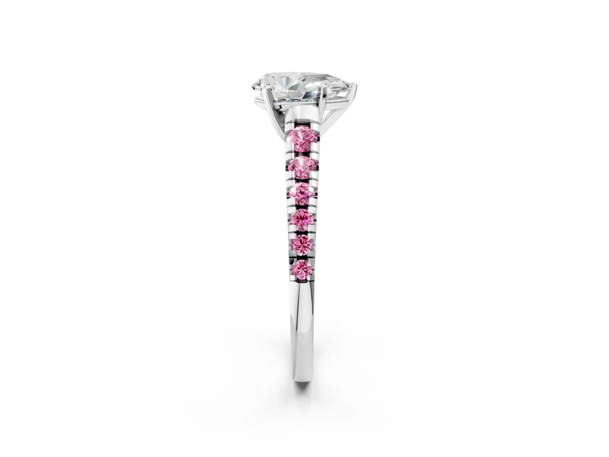 Pear Cut Diamond Cathedral Solitaire Ring with Round Pink Sapphire Pavé Band Platinum