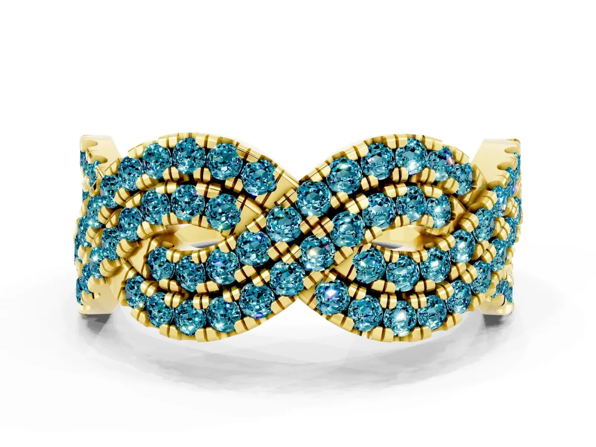 Pavé Round Blue Topaz Infinity Twist Band with Shared Prong Setting Yellow gold