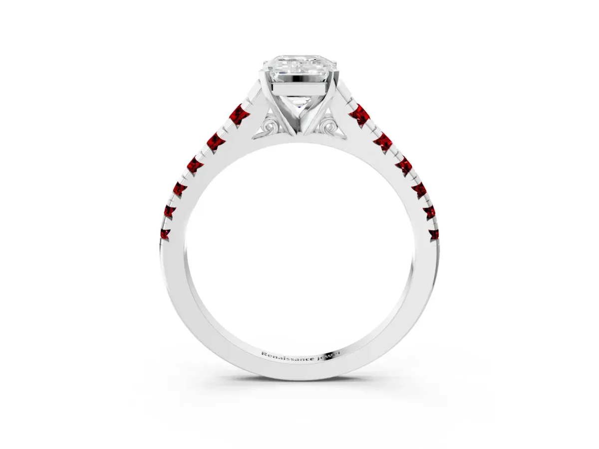 Emerald Cut Diamond Cathedral Solitaire Ring with Round Ruby Pavé Band White gold