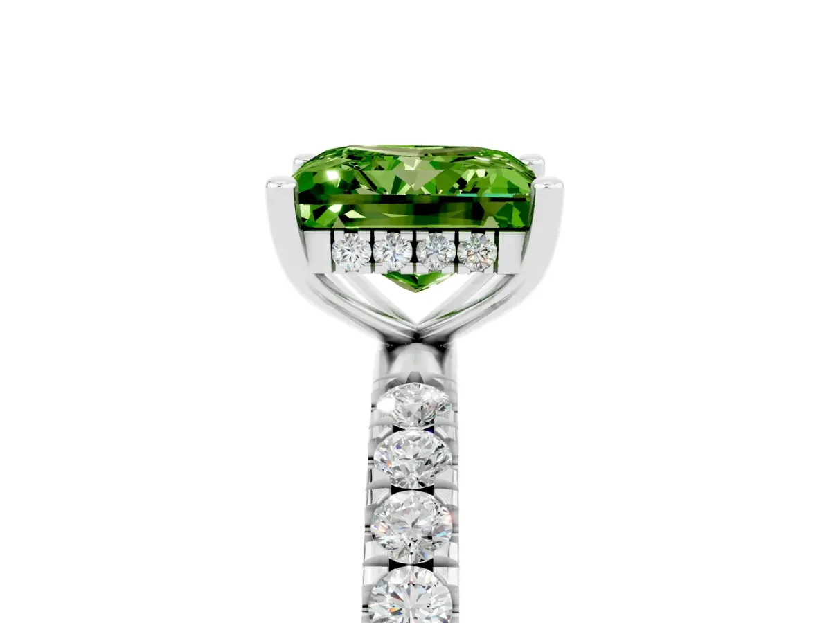 Princess Cut Peridot Pave Band Solitaire Ring with Round and Prong Setting Platinum