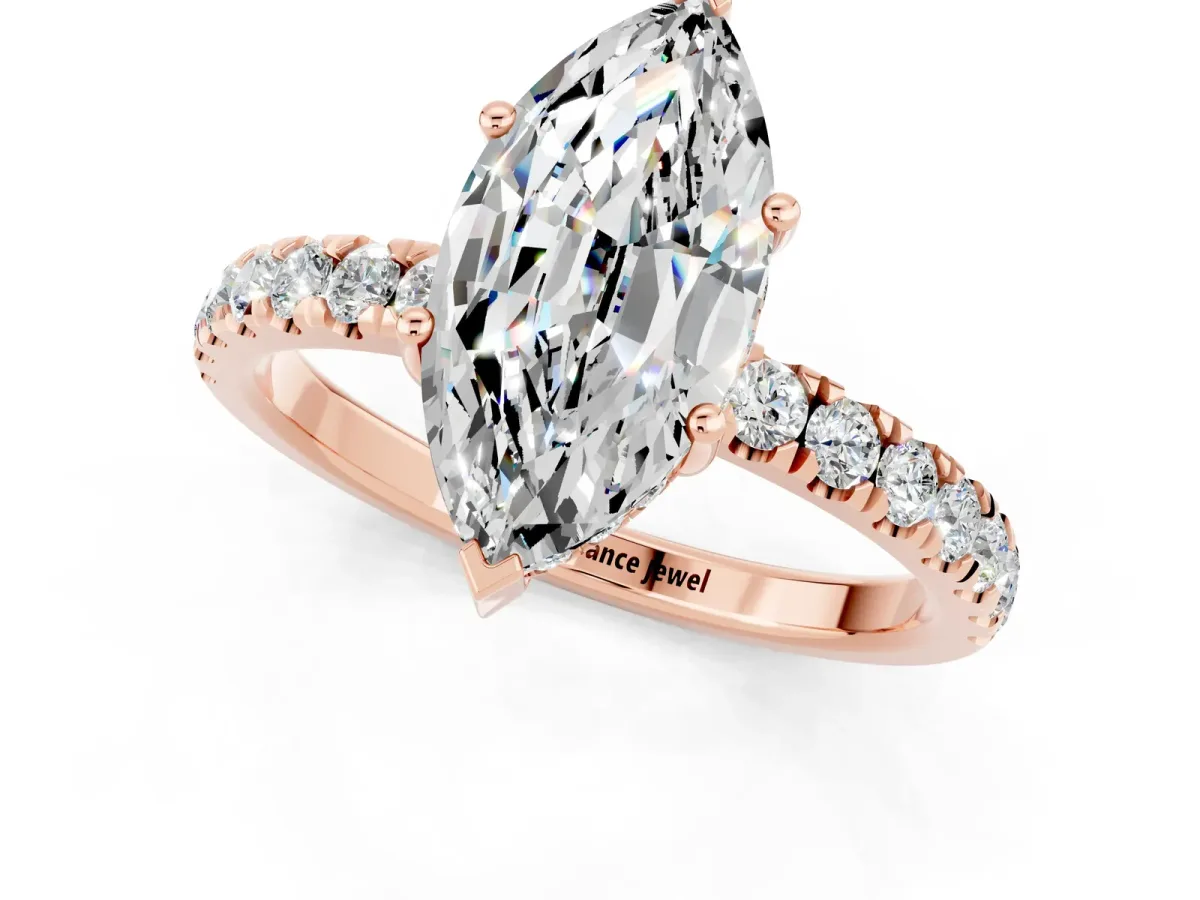 Marquise Cut Moissanite Pave Band Solitaire Ring with Round and Prong Setting Rose gold