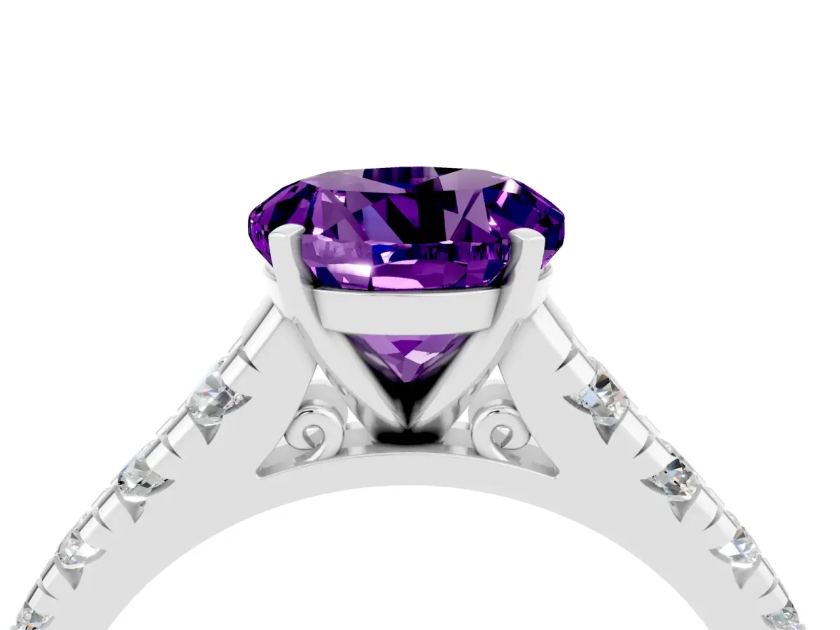 Round Cut Amethyst Cathedral Solitaire Ring with Round Pavé Band White gold