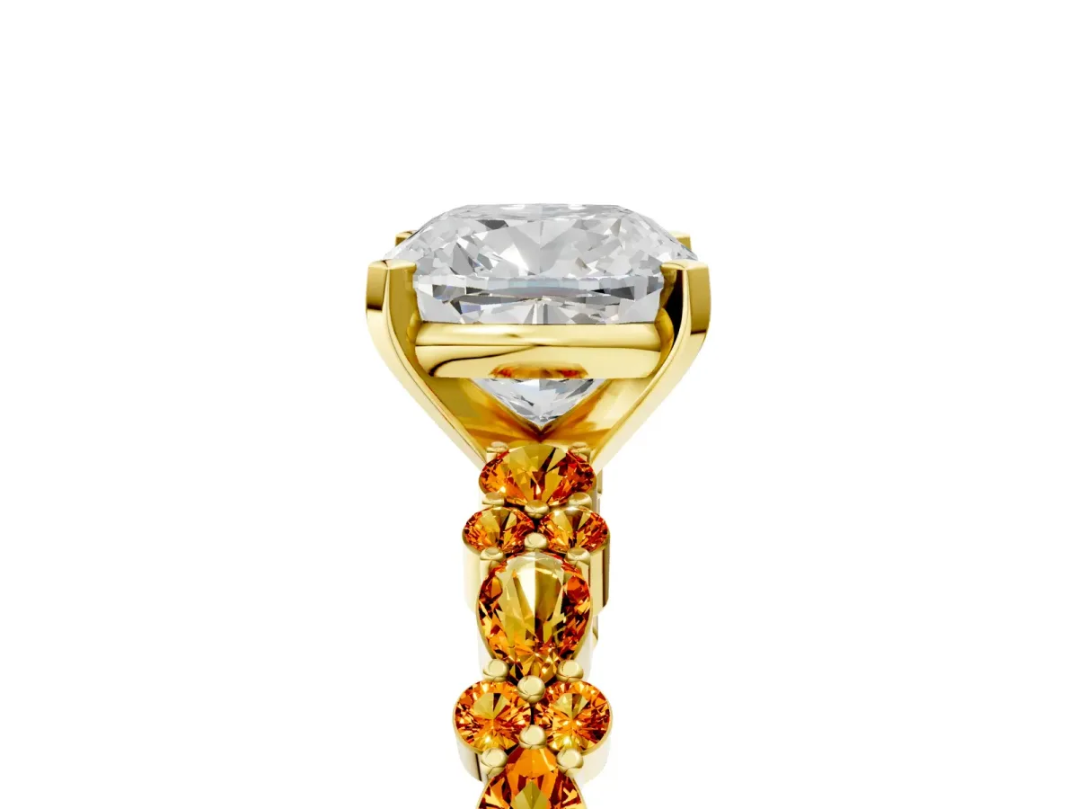 Cushion Cut Diamond Side Stone Solitaire Ring with Round Citrine and Four-Prong Setting Yellow gold