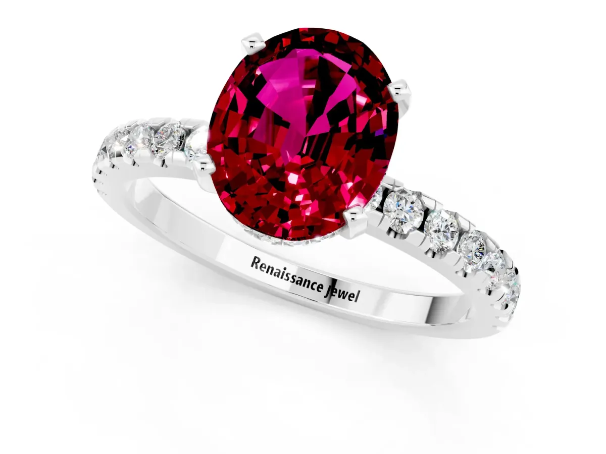 Oval Cut Garnet Solitaire Ring with Round Pavé Band and Four-Prong Setting White gold