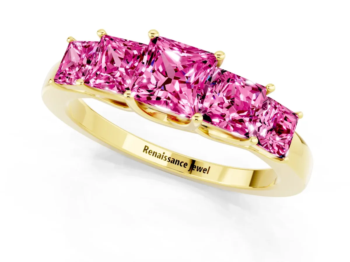 Princess Cut Five-Stone Pink Sapphire Ring with Classic Prong Setting Yellow gold