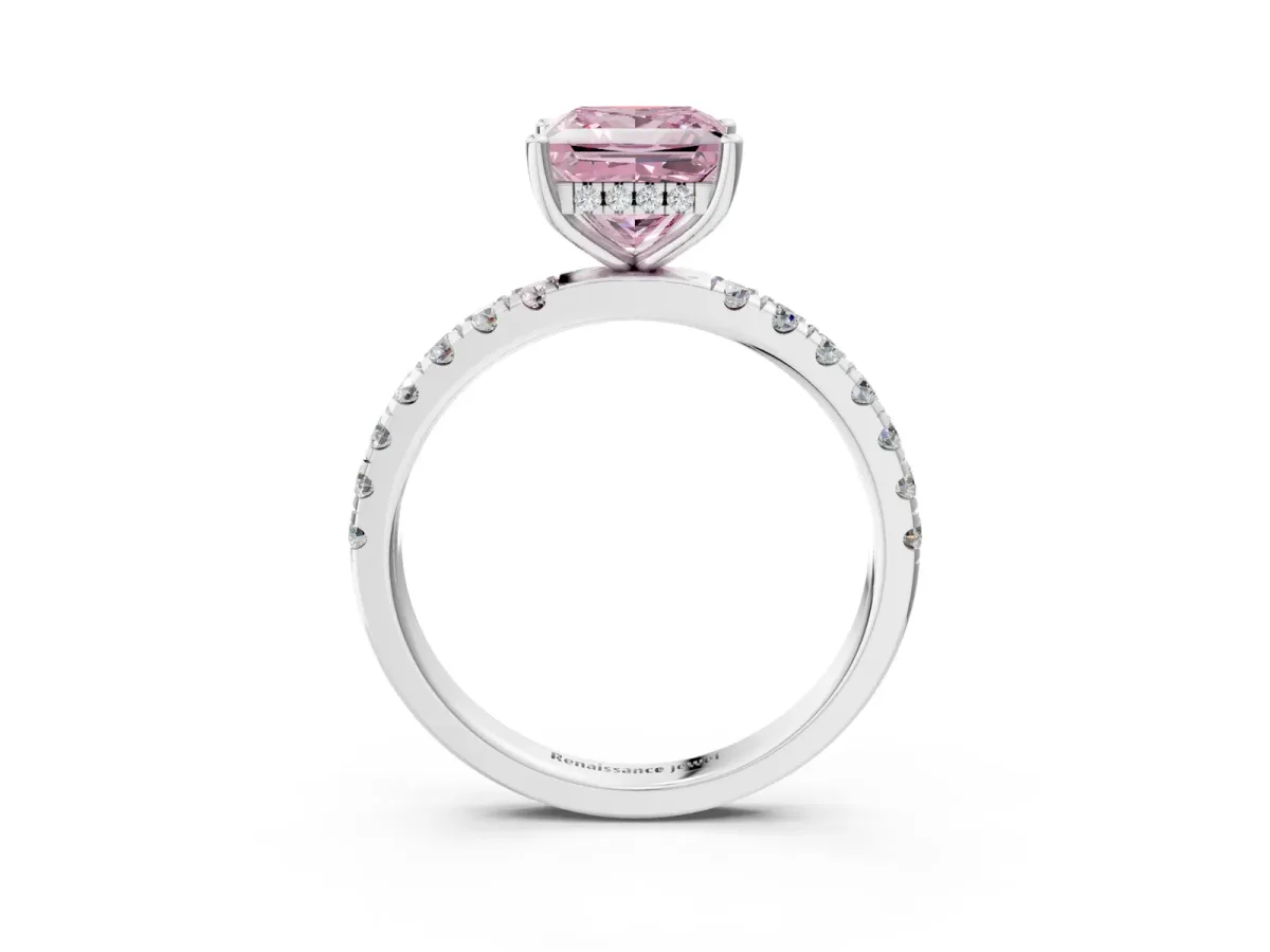 Fancy Pink Princess Cut Diamond Pave Band Solitaire Ring with Round and Prong Setting Platinum