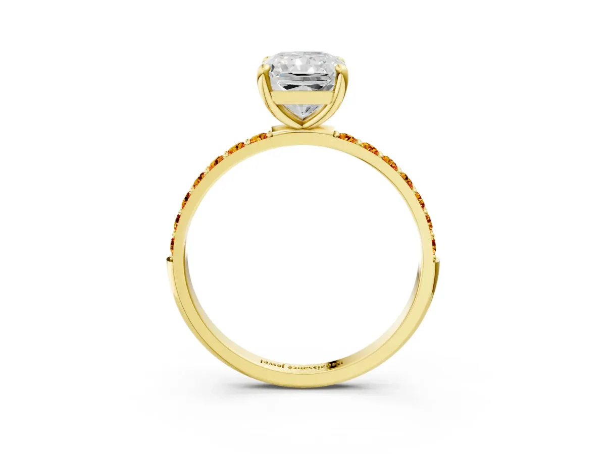 Radiant Cut Diamond Solitaire Ring with Round Citrine Pavé Band and Prong Setting Yellow gold