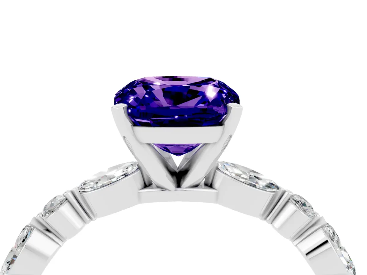Cushion Cut Tanzanite Ring with Marquise and Round Side Stones and Four-Prong Setting Silver