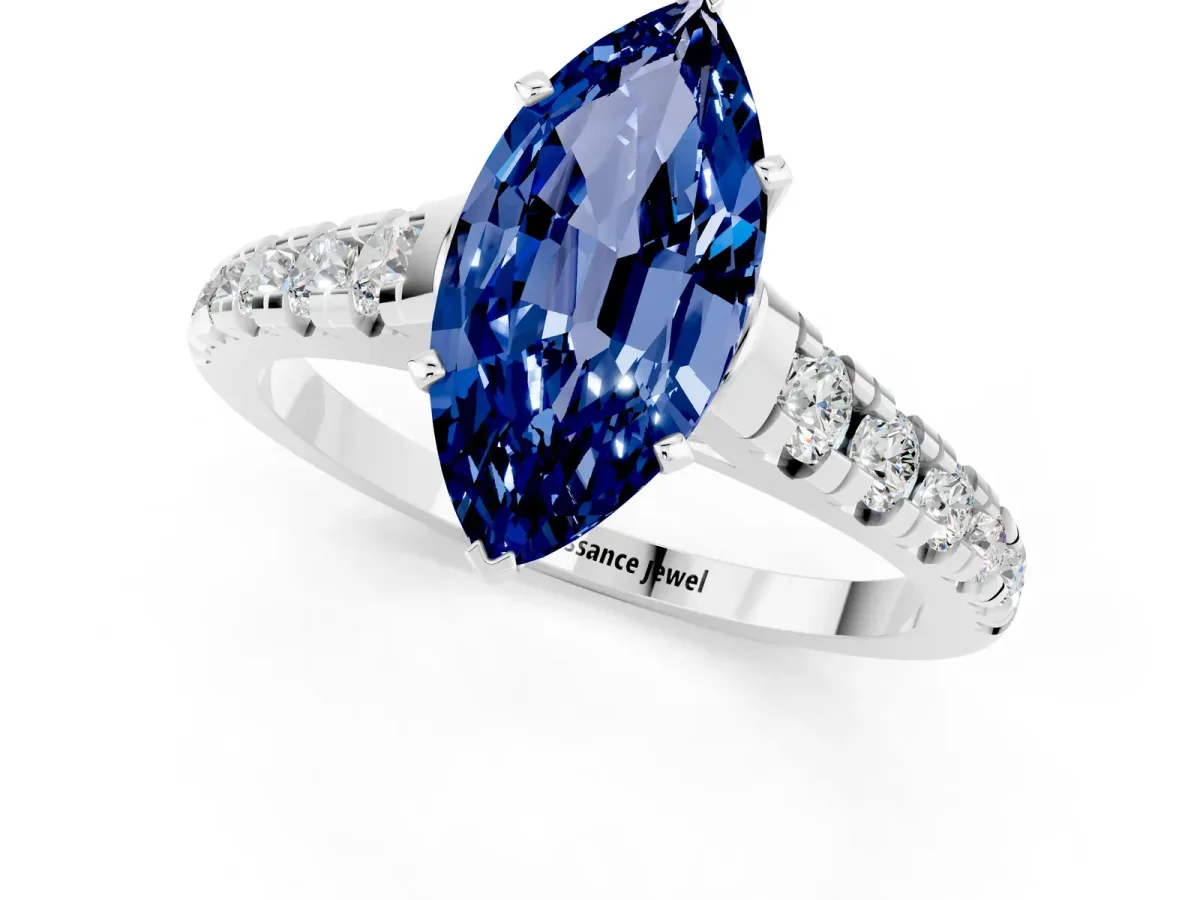Marquise Cut Blue Sapphire Cathedral Solitaire Ring with Round Pavé Band Silver