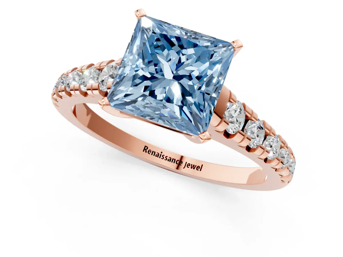 Fancy Blue Princess Cut Diamond Cathedral Solitaire Ring with Round Pavé Band Rose gold