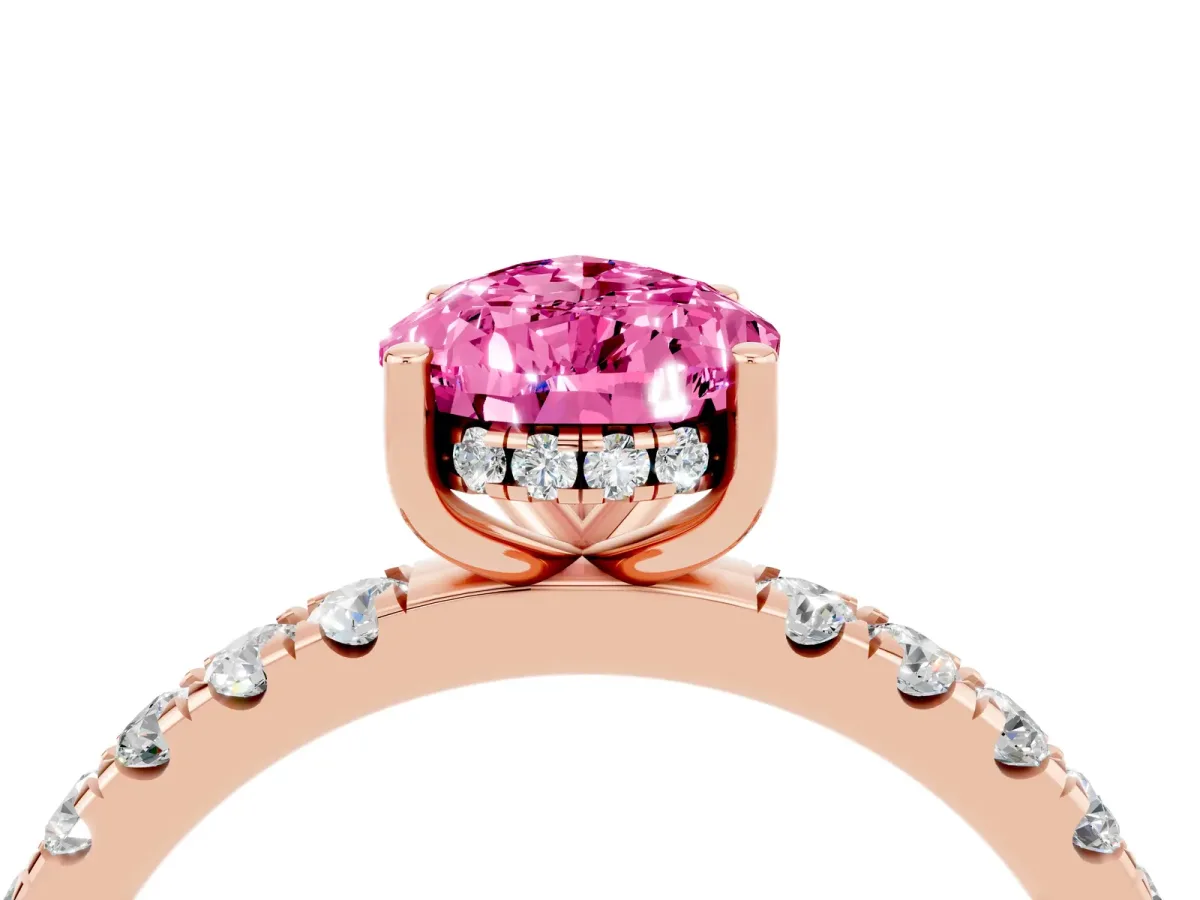 Pear Cut Pink Sapphire Pave Band Solitaire Ring with Round and Prong Setting Rose gold