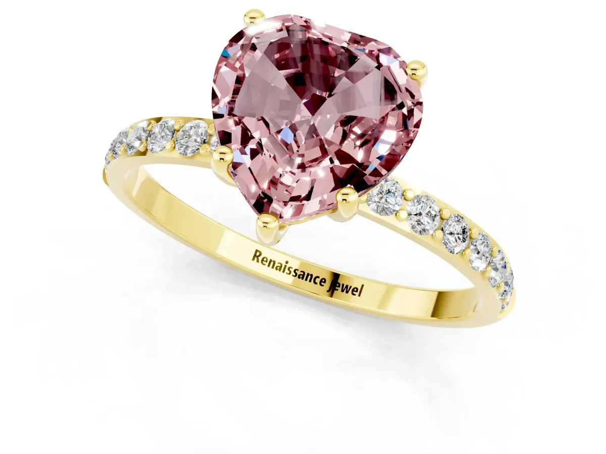 Heart Cut Morganite Solitaire Ring with Round Pavé Band and Prong Setting Yellow gold