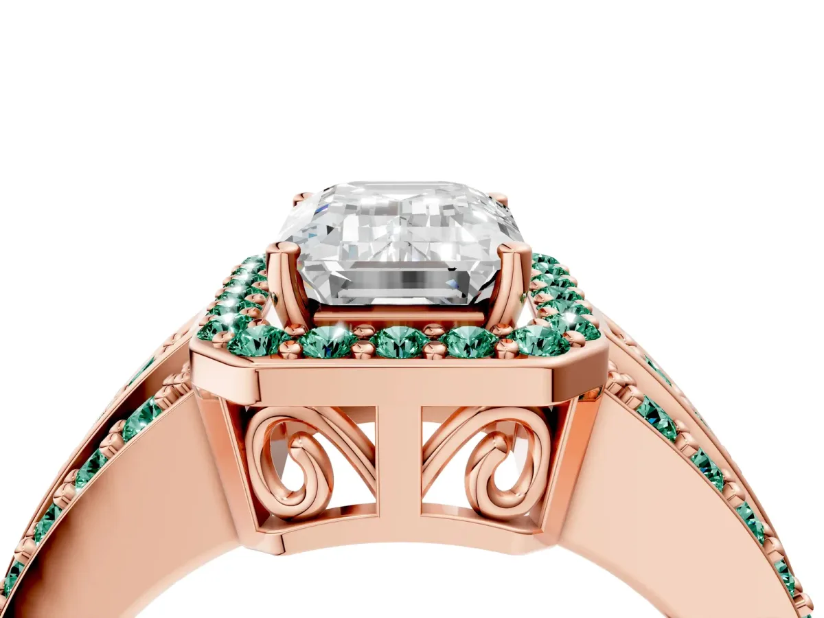 Emerald Cut Halo Diamond Ring with Round Green Sapphire Split Shank and Prong Setting Rose gold