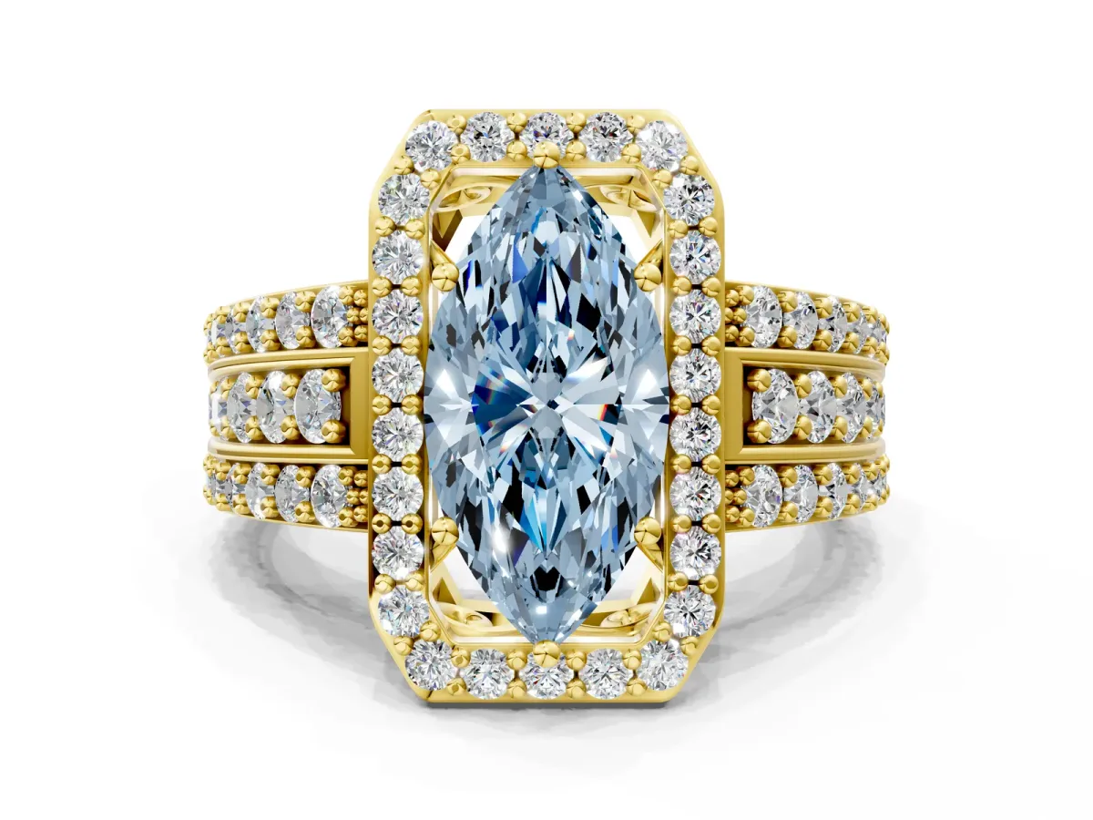 Fancy Blue Marquise Cut Halo Diamond Ring with Round Split Shank and Prong Setting Yellow gold