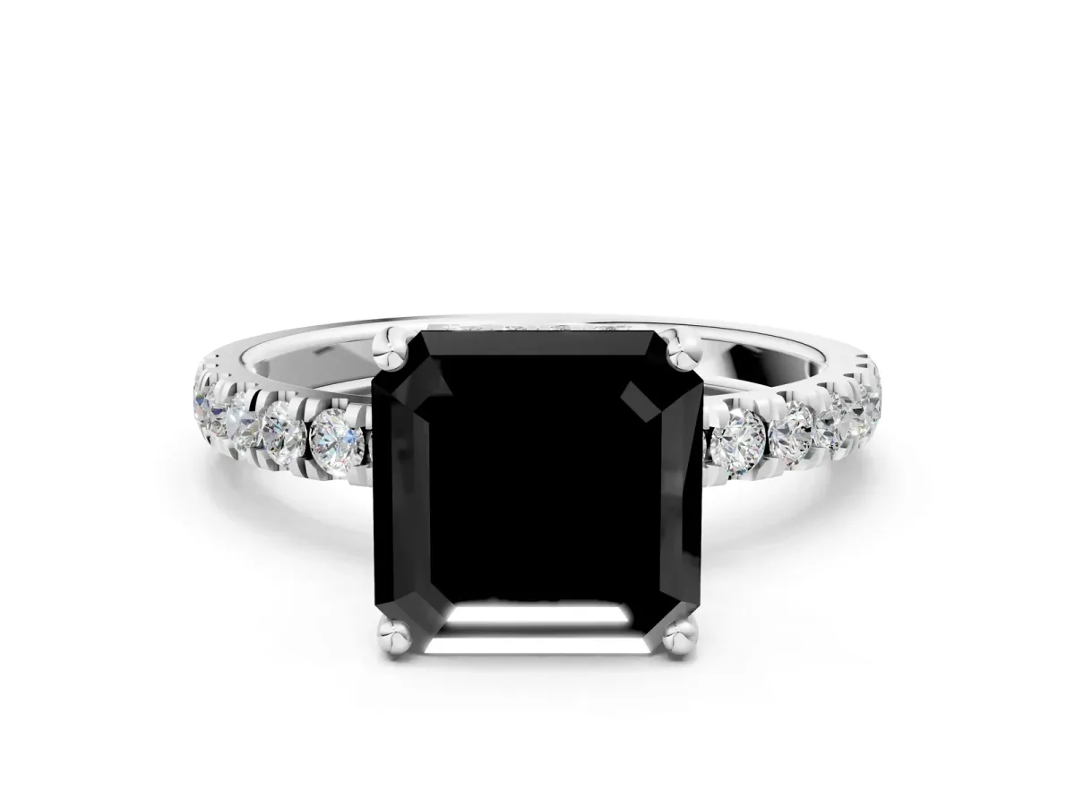 Fancy Black Asscher Cut Diamond Pave Band Solitaire Ring with Round and Prong Setting White gold