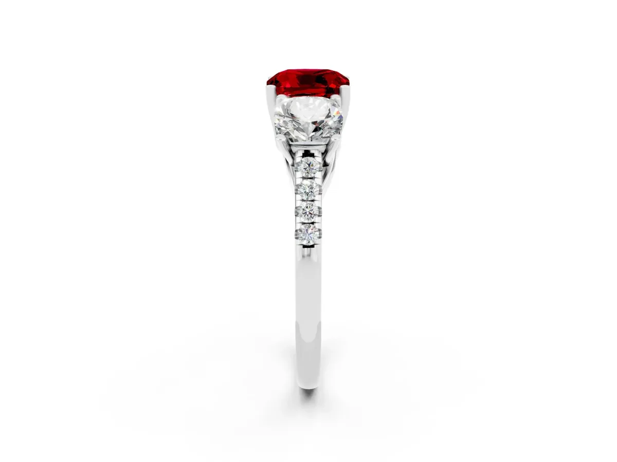 Three-Stone Cushion Cut Ruby Ring with Round Pavé Band and Prong Setting White gold