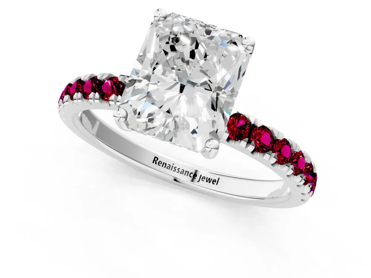 Radiant Cut Diamond Pave Band Solitaire Ring with Round Garnet and Prong Setting Silver