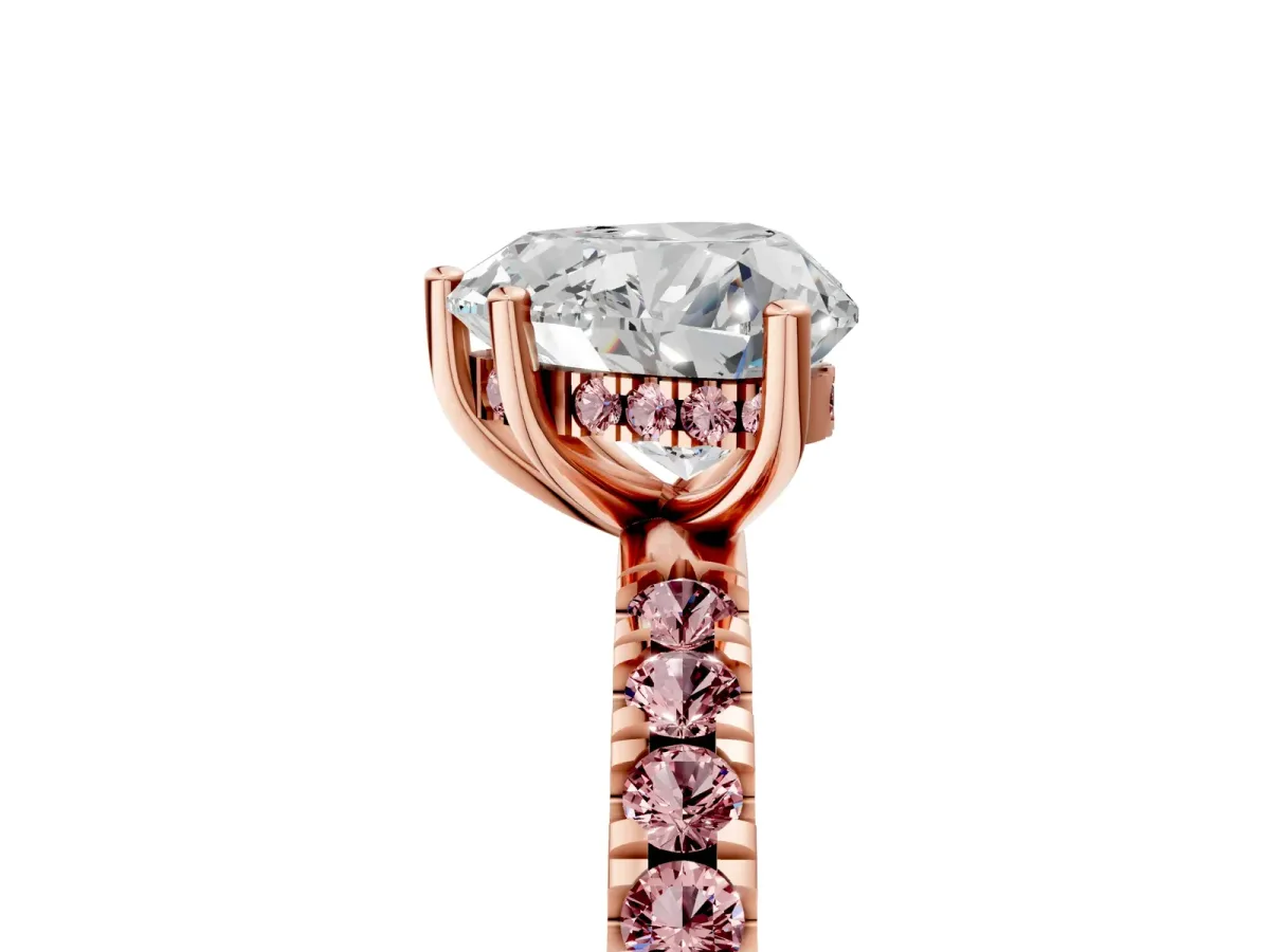 Heart Cut Diamond Pave Band Solitaire Ring with Round Morganite and Prong Setting Rose gold