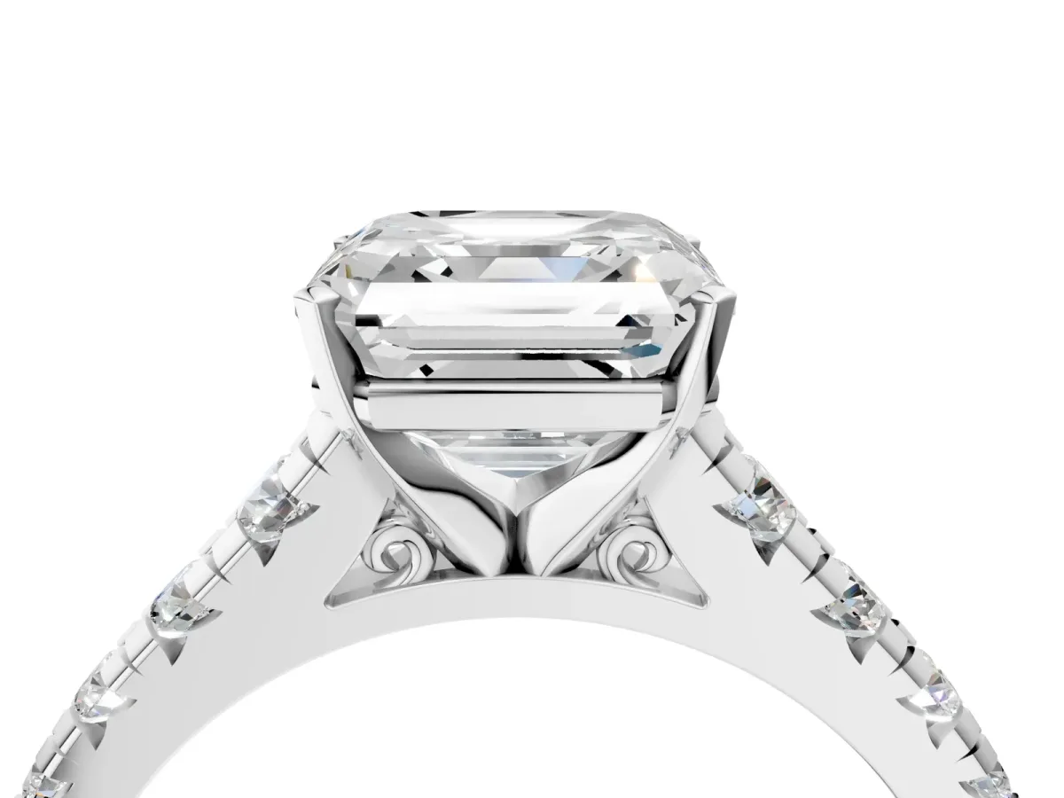 Asscher Cut Diamond Cathedral Solitaire Ring with Round Moissanite Pavé Band Platinum