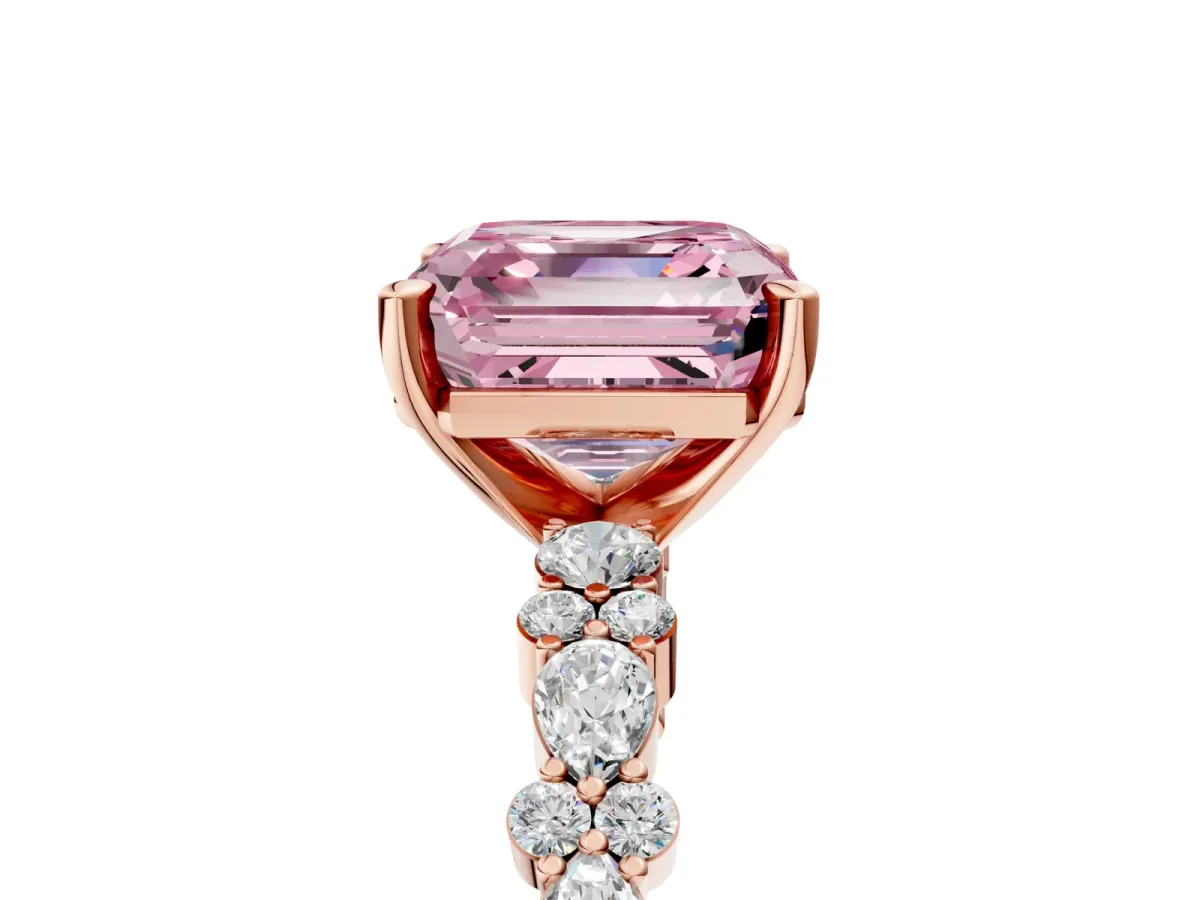 Fancy Pink Asscher Cut Diamond Side Stone Solitaire Ring with Round and Four-Prong Setting Rose gold