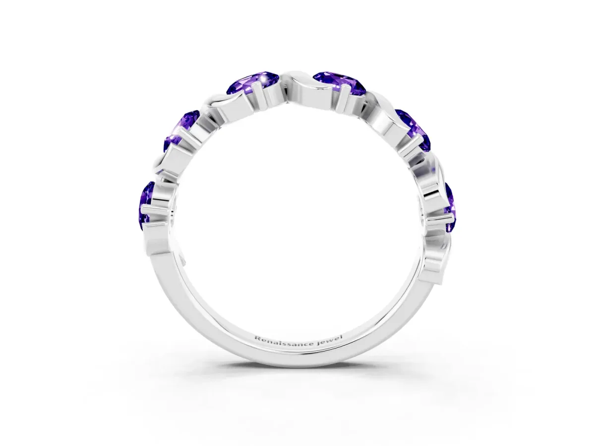 Round Tanzanite Half Eternity Band with Wave Prong Setting Silver