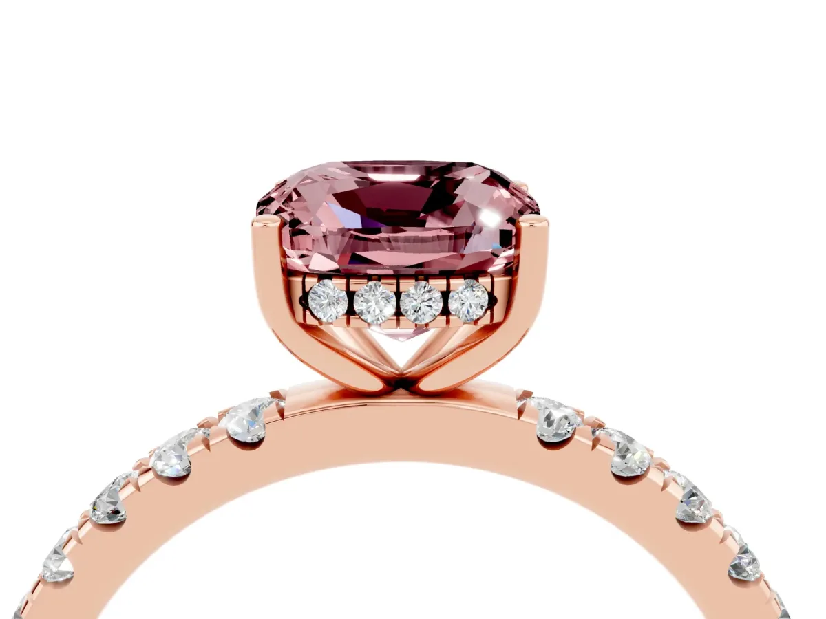 Cushion Cut Morganite Pave Band Solitaire Ring with Round and Prong Setting Rose gold