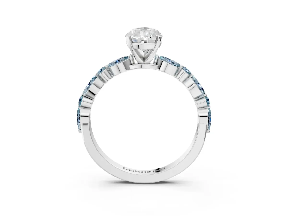 Pear Cut Diamond Ring with Marquise and Round Aquamarine Side Stones and Four-Prong Setting Silver