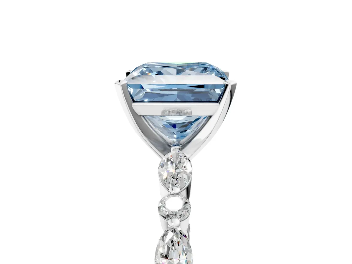 Fancy Blue Princess Cut Diamond Ring with Marquise and Round Side Stones and Four-Prong Setting Platinum