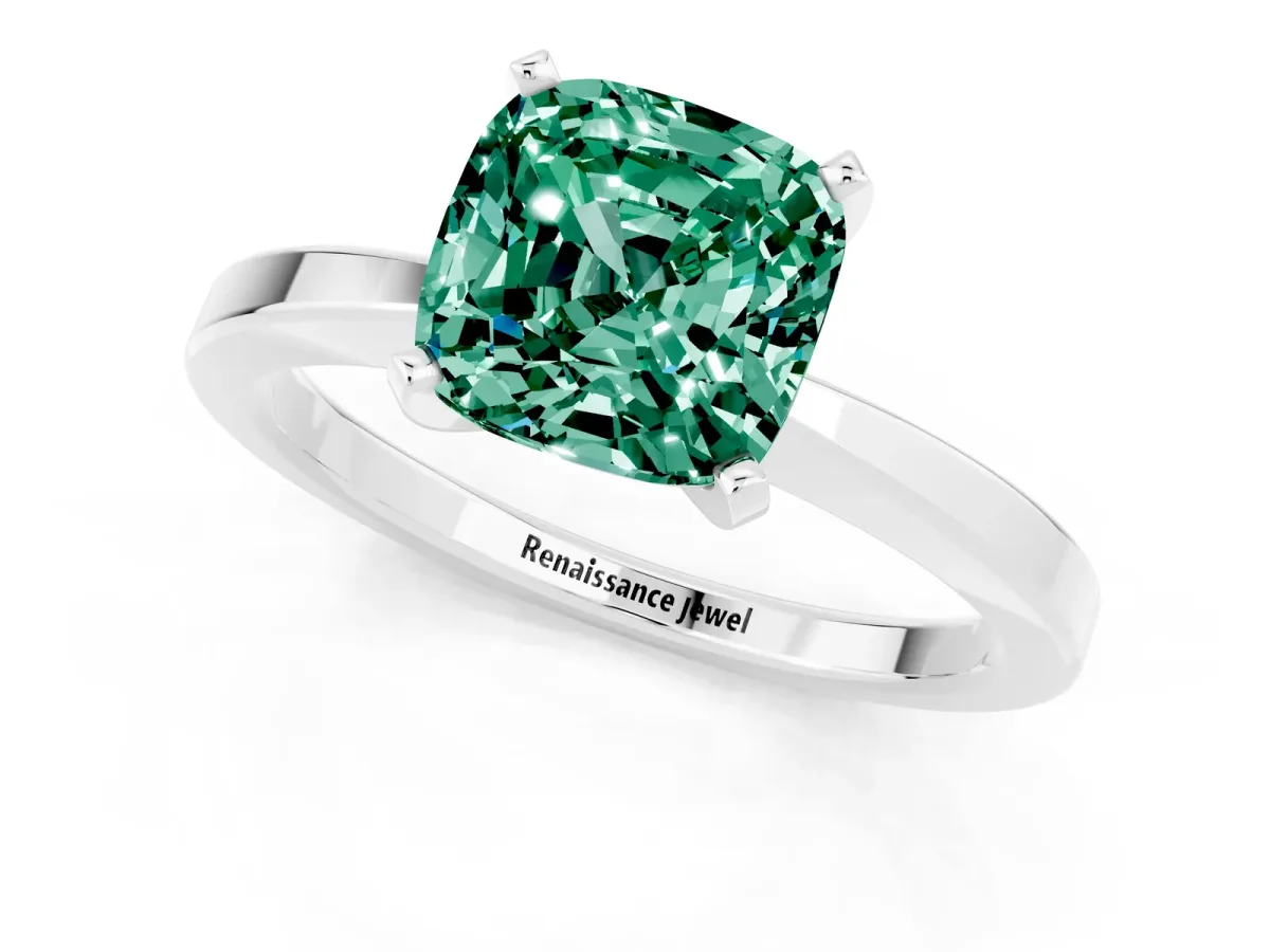 Cushion Cut Green Sapphire Solitaire Engagement Ring with Classic Band and Four-Prong Setting Silver