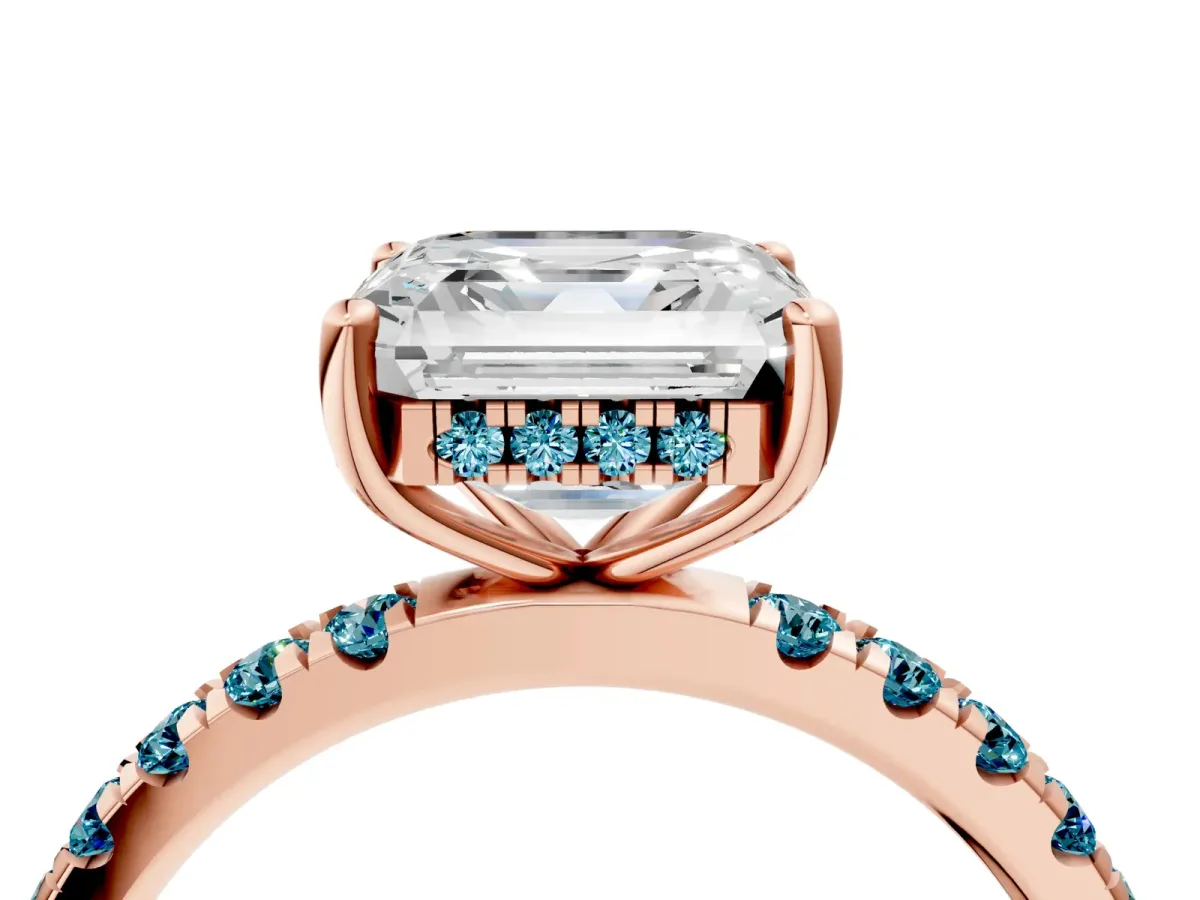 Asscher Cut Diamond Pave Band Solitaire Ring with Round Blue Topaz and Prong Setting Rose gold